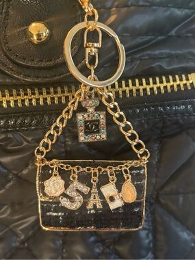 Gold-Tone Black Purse Charm Keychain with Crystal Charms